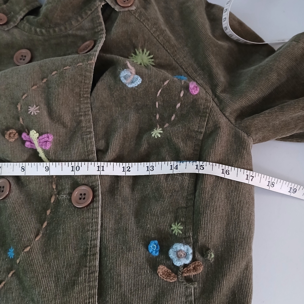 Vintage Olive Green Embroidered Corduroy Pea Coat - Picture 10 of 11